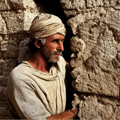 Image similar to award winning cinematic still of 40 year old man in ancient Canaanite clothing building a broken wall in Jerusalem, directed by Christopher Nolan