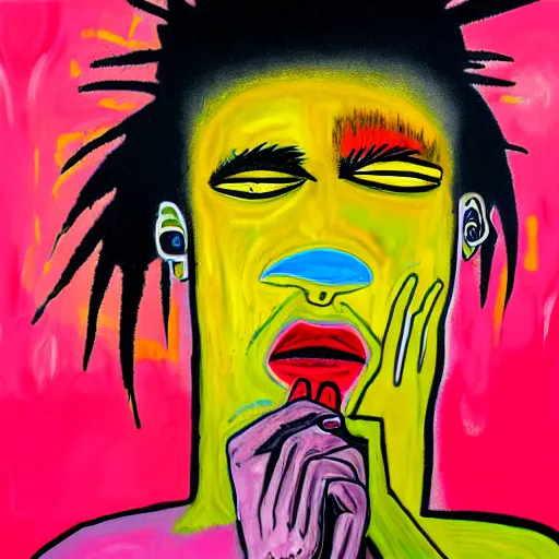 Image similar to pink and yellow and red detailed neo expressionism oil painting of sad boy rapper crying with tattoos by basquiat