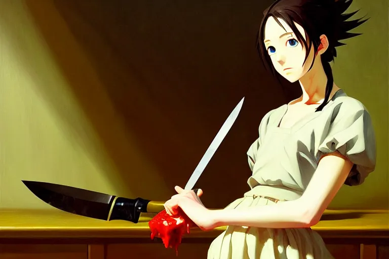 Image similar to baroque oil painting of anime key visual concept art of anime girl serial killer holding bloody kitchen knife, acrylic painting, trending on pixiv fanbox, palette knife and brush strokes, style of makoto shinkai jamie wyeth james gilleard edward hopper greg rutkowski studio ghibli genshin impact