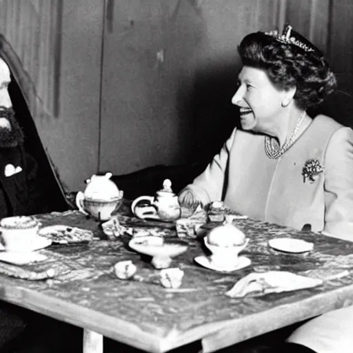 Image similar to photo of queen elizabeth having tea with a neanderthal caveman