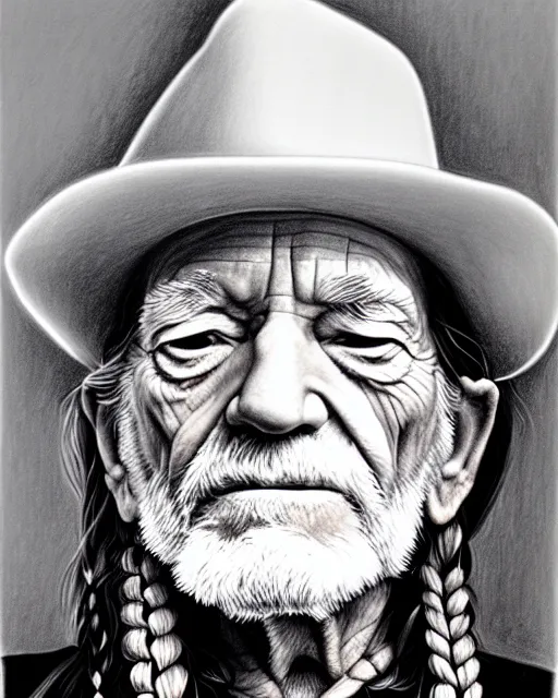 Image similar to a photorealistic portrait of willie nelson with head ban, pencil drawing