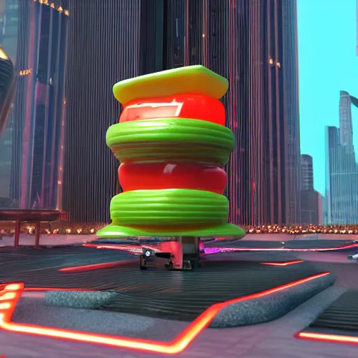 Image similar to medium shot of a a small edible gummi worm candy with cybernetics for sale from a food truck. the food truck is hovering high next to a tall building. the candy is displayed with dramatic product lighting, pearlescent. a scene from fifth element ( 1 9 9 7 ), unreal engine 5, octane 3 d, render, ( cyberpunk )