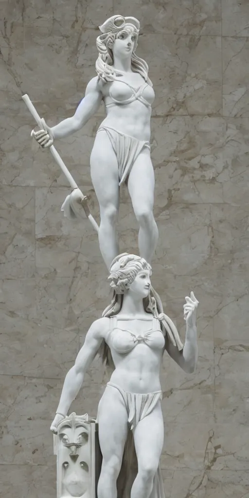 Prompt: an ancient greek statue of the sailor moon in her battle uniform sailor fuku, inside louvre by michelangelo and donatello, white marble, studio lighting, professional photography, 4 k ultra hd resolution,