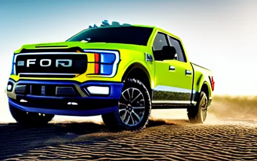 Image similar to Ford F150 Hydro Blue 2022 Truck on a Green Sand Beach at sunset