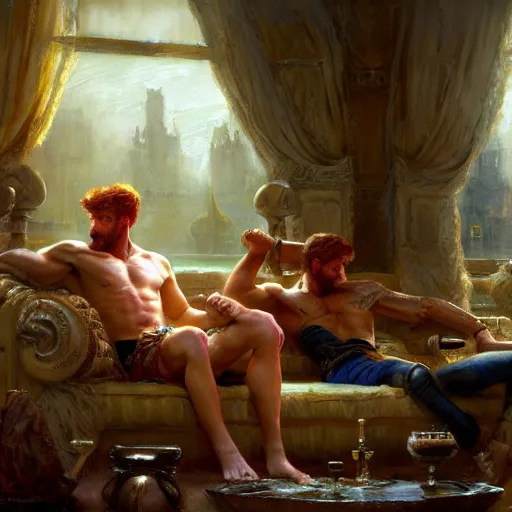 Image similar to attractive muscular mike with ginger hair with attractive tyler with brunet hair, drinking their hearts out, in their noble mansion. image defined to the maximum, highly detailed painting by gaston bussiere, craig mullins 8 k