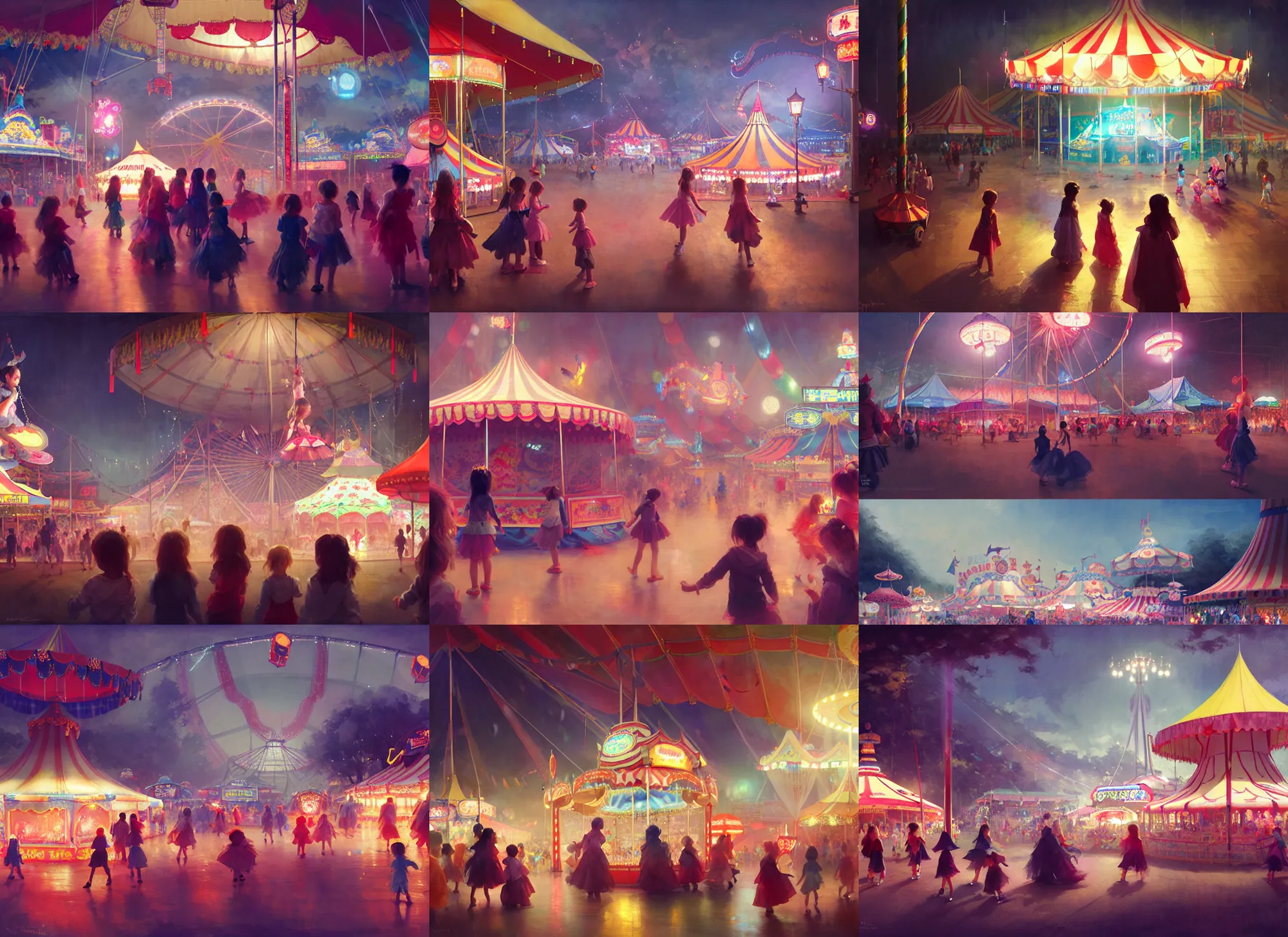 Prompt: young girls enjoying rides and amusements at a small carnival amusement, food stalls, big top circus tent, roaming entertainers, flashing lights, highly detailed, magical, japan mountains, digital painting, concept art, matte, art by ruan jia and wlop and greg rutkowski and makoto shinkai, masterpiece