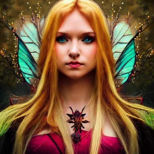 Prompt: a beautiful female human warlock portrait, focus on face, sharply focussed, brightly colored, dress, long blonde hair, fairy, fae, fantasy, medieval, still, photograph, highly detailed, trending on artstation