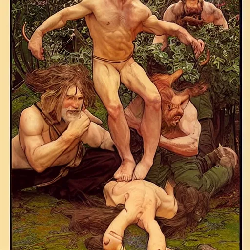 Image similar to hobbits wrestling with demons, hyper realistic, digital painting. art station. mood lighting, highly detailed, concept art, intricate, sharp focus, by shaun berke and alphonse mucha, milo manara - h 1 2 0 0