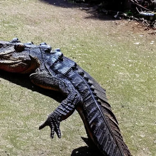 Image similar to Full body photo of a crocodile with feathers