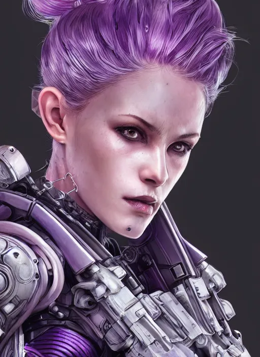 Prompt: close up portrait of a pale woman in sci - fi power armor with purple ponytail hair, powerful, domineering, stoic, intense, ultrafine hyperdetailed illustration by kim jung gi, irakli nadar, intricate linework, sharp focus, octopath traveler, yoji shinkawa, highly rendered, radiant light, detailed, intricate environment