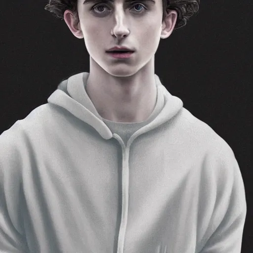 Image similar to character design, timothee chalamet believing in nothing and launching into the stratosphere with jennifer lawrence or whatever, in the style of killian eng kawase hasui james jean, artstation trending, 8 k, photorealistic, volumetric lighting caustics, black and white, detailed af