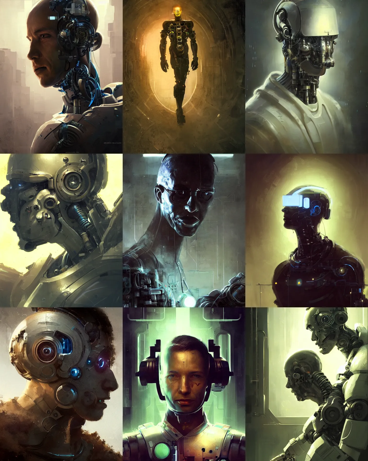 Image similar to a laboratory technician man with cybernetic enhancements seen from a distance, scifi character portrait by greg rutkowski, craig mullins, 1 / 4 headshot, cinematic lighting, dystopian scifi outfit, profile picture, mechanical, cyborg, half robot