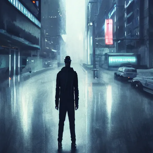 Image similar to A tall slender man in a techwear outfit, high quality, digital art, dire cyberpunk city, gray sky, neon signs in background, greg rutkowski