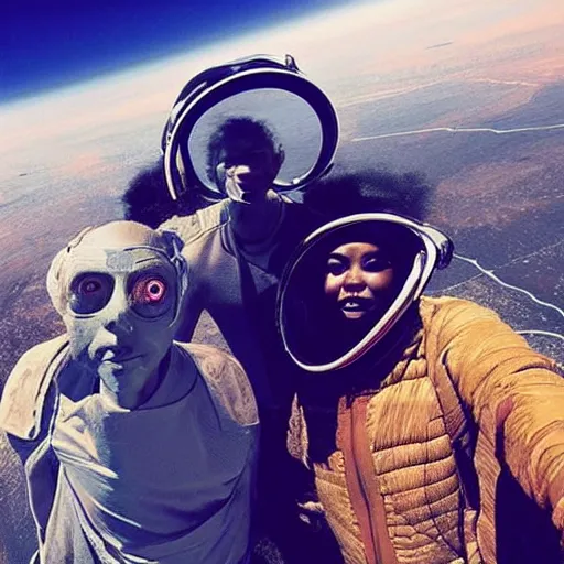 Image similar to “ our humanoid descendants in the year 2 2 0 0 taking a selfie on their sci - fi planet, award - winning details ”