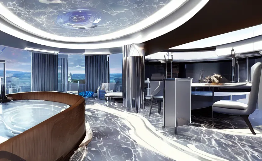 Prompt: luxury suite abord aeon station, the first space hotel