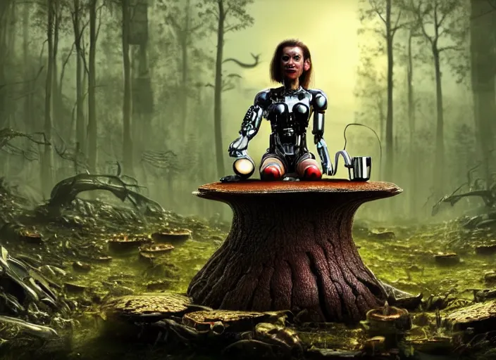 Image similar to photo of an intricate and sophisticated terminator woman with borg enhancements sitting on a giant mushroom in a weird magical forest and drinking a cup of tea. Very detailed 8k. Fantasy cyberpunk horror