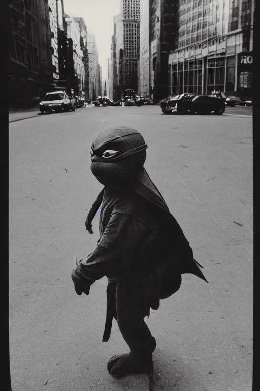 Image similar to photo polaroid of a ninja turtle in the middle of a New York street, loneliness, war, black and white ,photorealistic, 35mm film,