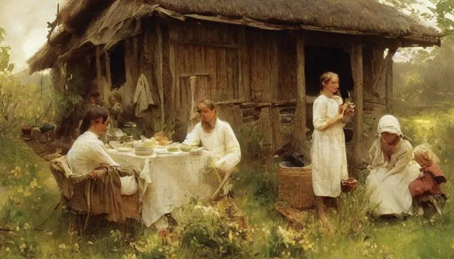 Image similar to simple villager family about to eat a meal together in their beautiful simple cottage home, art by anders zorn, wonderful masterpiece by greg rutkowski, beautiful cinematic light, american romanticism thomas lawrence, greg rutkowski