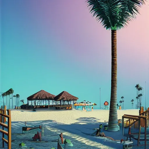 Prompt: inside restaurant at the beach with palm trees by simon stalenhag