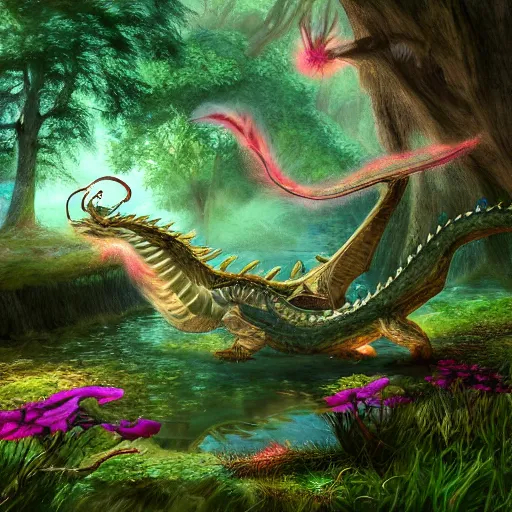 Image similar to a dragon, the body of the dragon is made out of flowers, small lake, in a forest glade, 4 k digital artwork, concept art