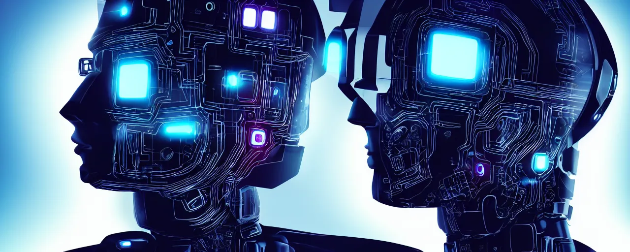 Image similar to portrait of a slick futuristic robot with a large square tv for a head, displaying a digital face. hyper realistic. cyberpunk background. intricate details