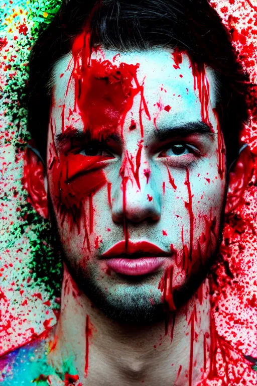 Image similar to guy covered with blood in his face - aesthetic, 4 k, comfort posse, acrylic paint style, pencil style, torn cosmo magazine style, pop art style, ultrarealism, by mike swiderek, jorge lacera, ben lo, tyler west