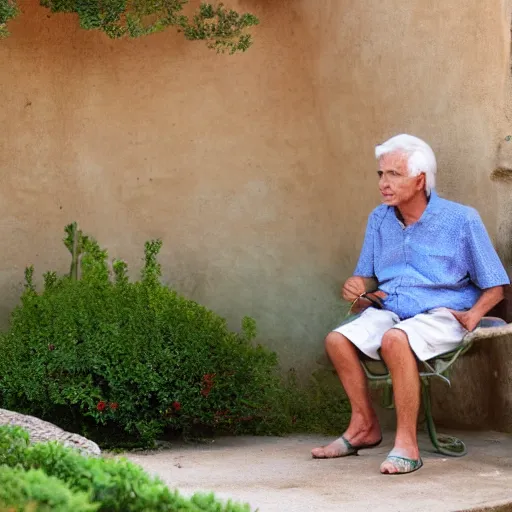 Prompt: mid white hair old man tanned skin with green shirt and white short, sitting in ile de re house garden