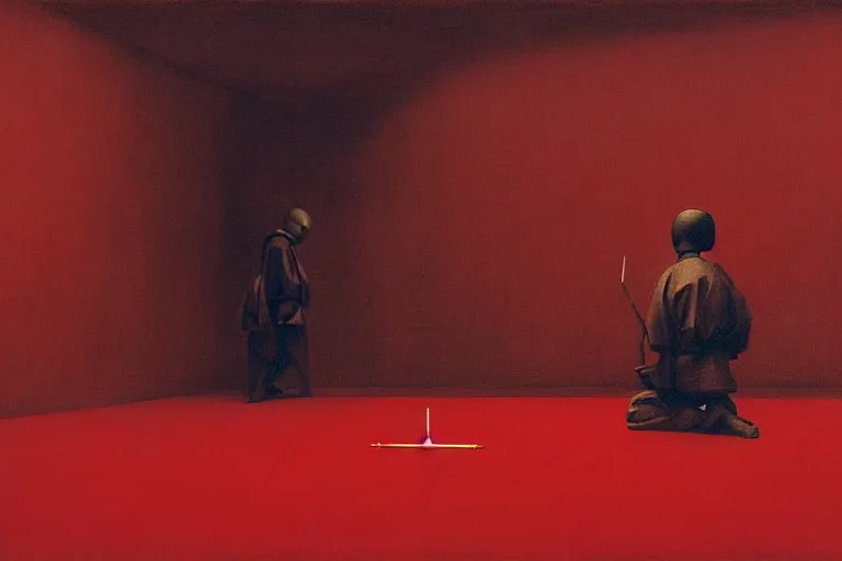 Image similar to only with red, a red samurai do seppuku, tokio, a lot of frogs watch, in the style of beksinski, parts by edward hopper, parts by rodcenko, parts by yue minjun, intricate and epic composition, red by caravaggio, insanely quality, highly detailed, masterpiece, red light, artstation, 4 k