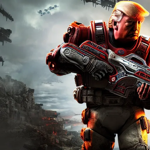 Image similar to Donald Trump as Masterchief in gears of war, splash art, movie still, detailed face, photorealistic facial features, cinematic lighting, dramatic, octane render, long lens, shallow depth of field, bokeh, anamorphic lens flare, 8k, hyper detailed, 35mm film grain