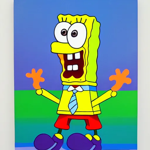 Image similar to an acrylic painting of SpongeBob by KAWS, wild brush strokes, beautiful gradients, mixed media, award winning painter, symmetrical design 8k painted by KAWS