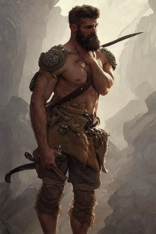 Image similar to portrait of a young rugged ranger, muscular, handsome, upper body, hairy torso, D&D, fantasy, intricate, elegant, highly detailed, digital painting, artstation, concept art, smooth, sharp focus, illustration, art by artgerm and Greg Rutkowski and Alphonse Mucha