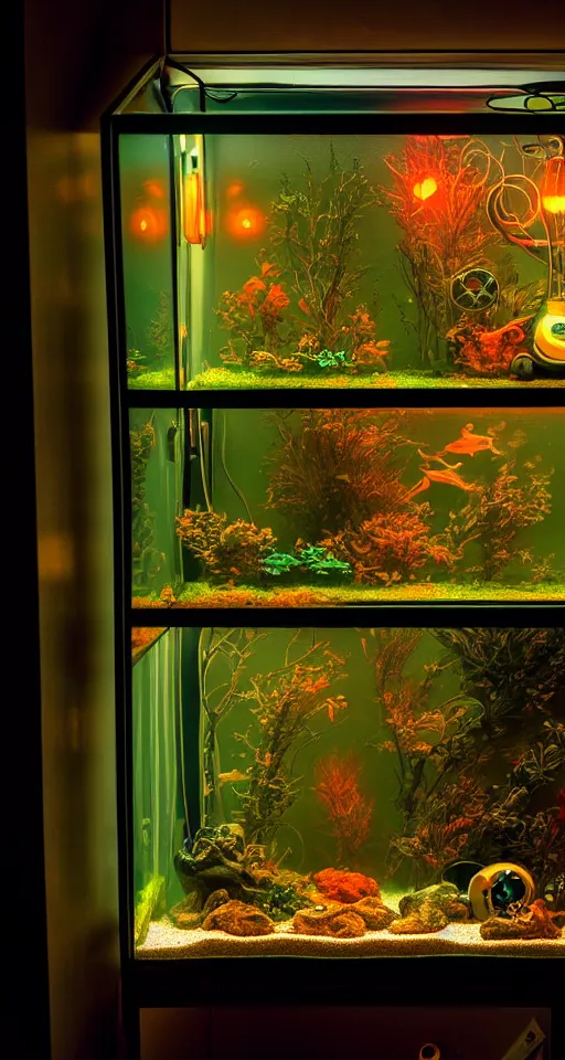 Image similar to telephoto 7 0 mm f / 2. 8 iso 2 0 0 photograph depicting the feeling of chrysalism in a cosy safe cluttered french sci - fi art nouveau cyberpunk apartment in a dreamstate art cinema style. ( ( fish tank ) ), ambient light.