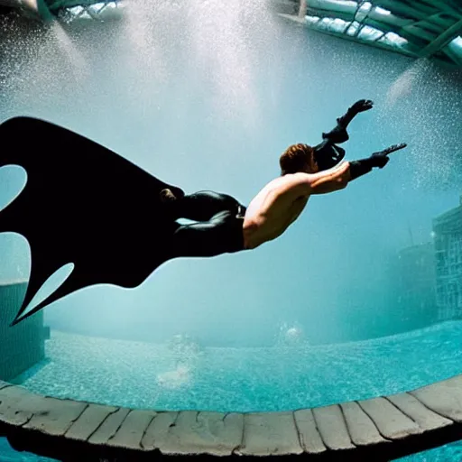 Image similar to batman diving in a pool, professional photography