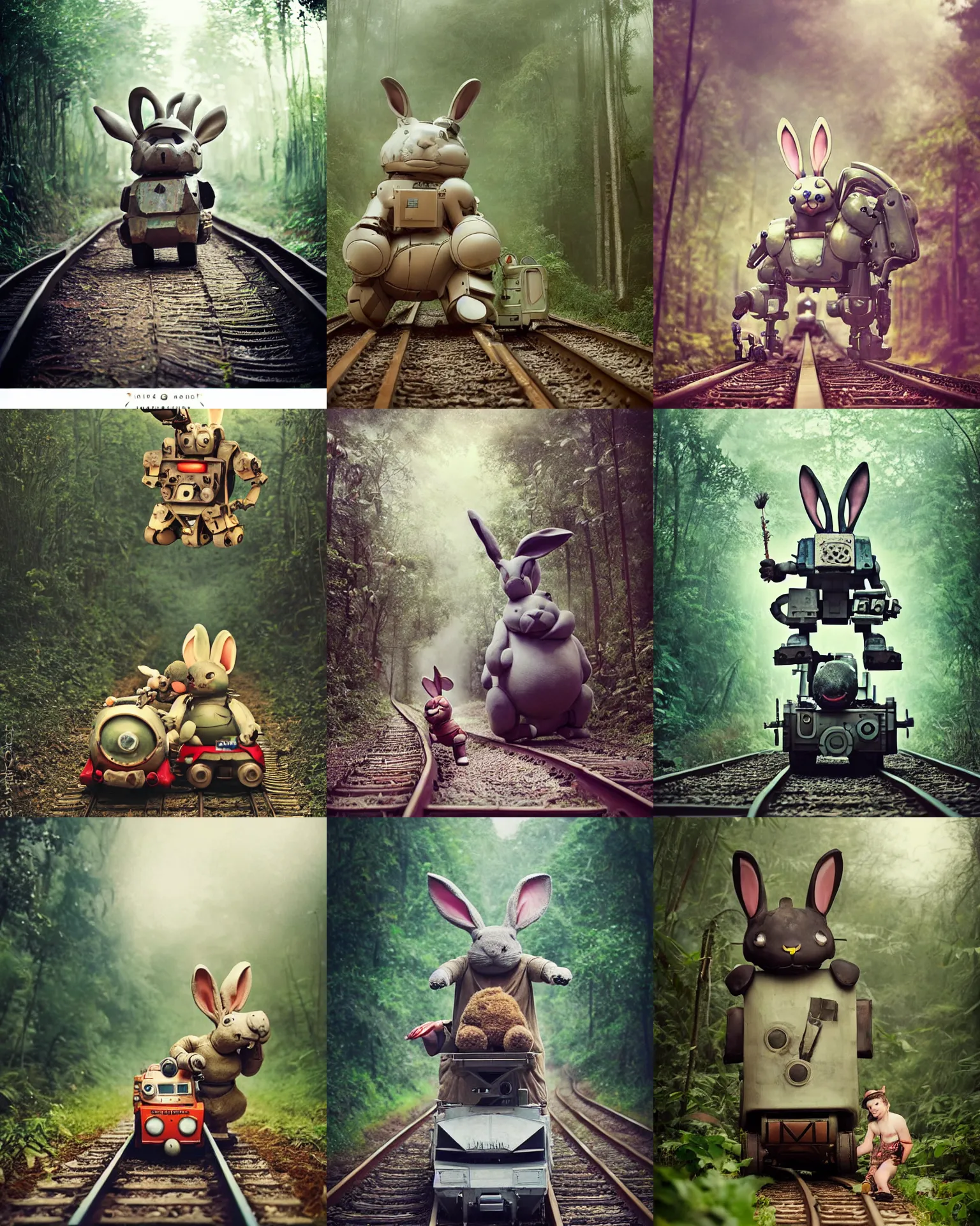 Prompt: epic battle pose !!!giant oversized battle rabbit robot chubby mech baby as train cute whimsical scary dirty with big ears and rabbit, on a jungle forest train track , full body , Cinematic focus, Polaroid photo, vintage , neutral dull colors, soft lights, foggy ,random weather, by oleg oprisco , by victor enrich
