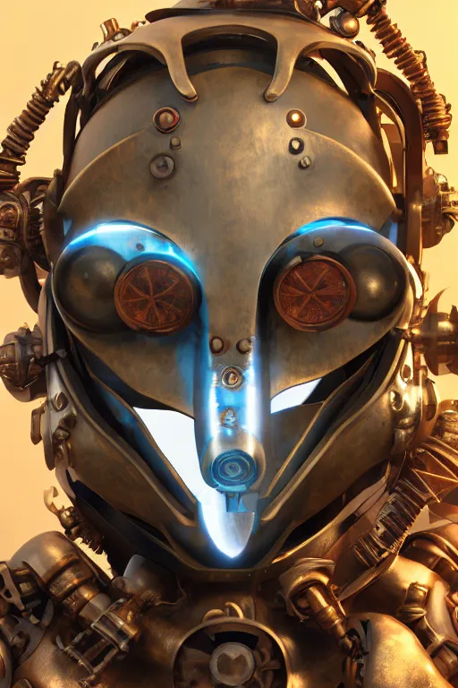 Image similar to steampunk mask minimalist fantasy art robot ninja helmet, global illumination ray tracing hdr fanart arstation by sung choi and eric pfeiffer and gabriel garza and casper konefal radiating a glowing aura