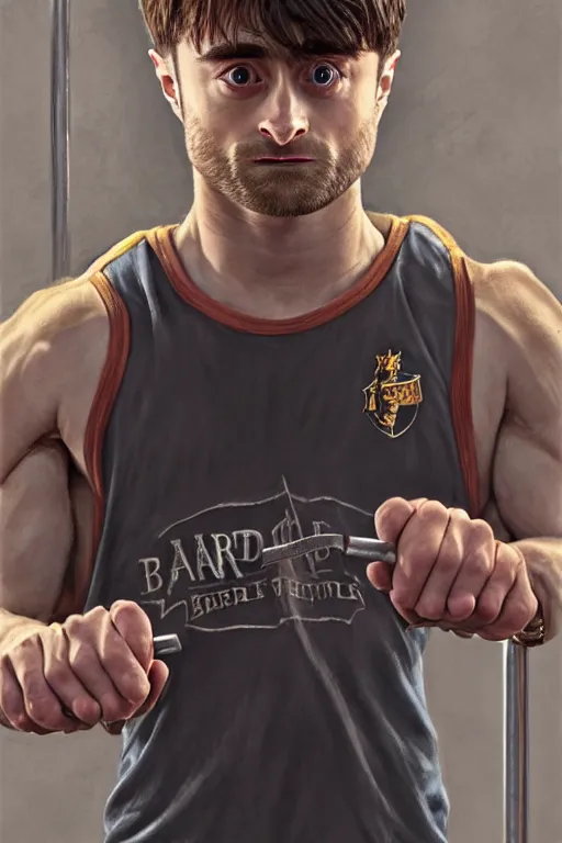 Image similar to highly detailed rendering of Daniel Radcliffe as Harry Potter doing barbell back squats, dingy workout gym, wearing a muscle tee shirt, muscular deep squats, symmetrical, highly detailed, digital painting, artstation, concept art, smooth, sharp focus, illustration, cinematic lighting, art by artgerm and greg rutkowski and alphonse mucha