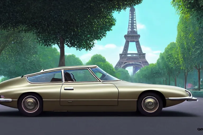 Image similar to a wholesome animation key shot of!! one!! focused! 1 9 7 4 citroen ds! in a tree lined paris street with a view of eiffel tower, medium shot, studio ghibli, ( pixar ) and disney animation, sharp, very detailed, high resolution, rendered in unreal engine 5, anime key art by greg rutkowski, bloom, dramatic lighting