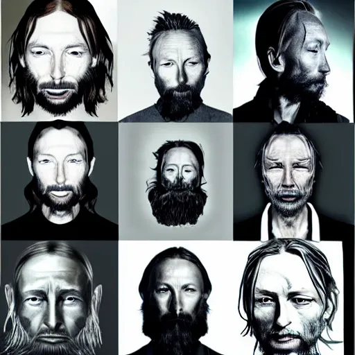 Image similar to versions collage, hyper realistic, many variations of thom yorke, very old, shot beard, long beard, face variations, various emotions, lost, reflective, cybernetic, high quality, brush stroke
