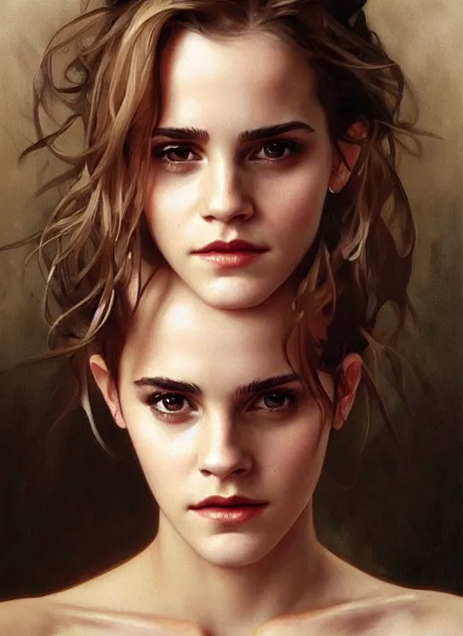 Image similar to oil painting of emma watson giving biting her lip seductive look. beautiful detailed face. by artgerm and greg rutkowski and alphonse mucha