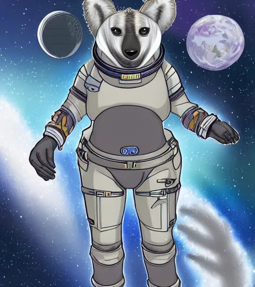 Image similar to full body digital artwork of anthromorphic female hyena, fursona, furry, furaffinity, deviantart, wearing space outfit, floating in space