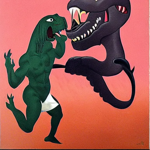 Image similar to art deco portrait of mike tyson fighting a dinosaur