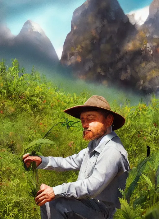 Image similar to digital portrait of a person looking like aleksandr lukanhesko cultivating weed in mountains, hot sun, photo realism