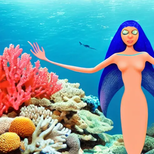 Prompt: photo of a blue skinned humanoid mermaid next to a coral reef