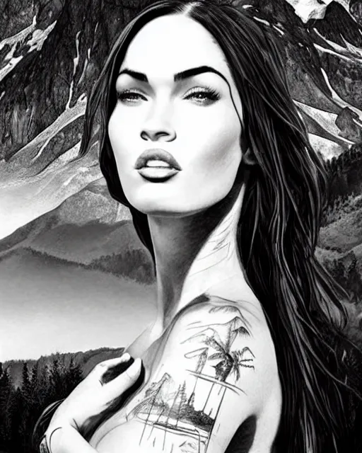 Image similar to megan fox face blended with beautiful mountain scenery, in the style of dan mountford, tattoo sketch, double exposure, hyper realistic, amazing detail, black and white