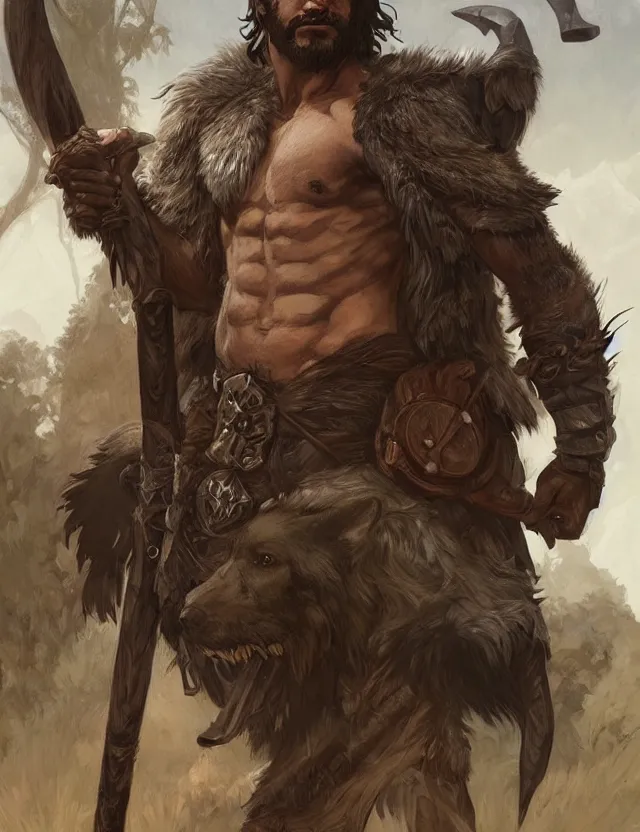 Image similar to portrait of a gruff ranger with a spear, accompanied by a black wolf, muscular, handsome face, hairy body, D&D, fantasy, intricate, elegant, highly detailed, digital painting, artstation, concept art, matte, sharp focus, illustration, art by Artgerm and Greg Rutkowski and Alphonse Mucha