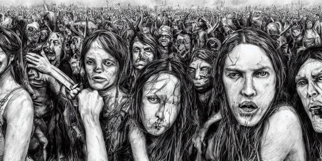 Image similar to Photorealistic people at woodstock 99 by H.R. Giger, KDA and Sam Yang, trending on artstation