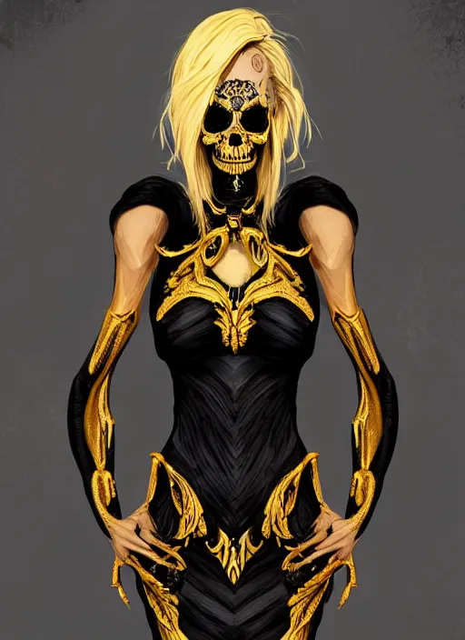 Image similar to a highly detailed illustration of fierce blonde tanned skin goddess wearing black and gold skull dress, dramatic powerful pose, perfect face, perfect body, intricate, elegant, highly detailed, centered, digital painting, artstation, concept art, smooth, sharp focus, league of legends concept art, wlop