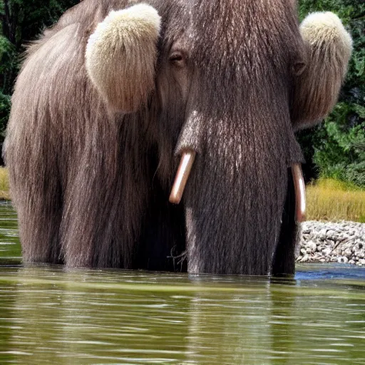 Prompt: wooly mammoth in a pond