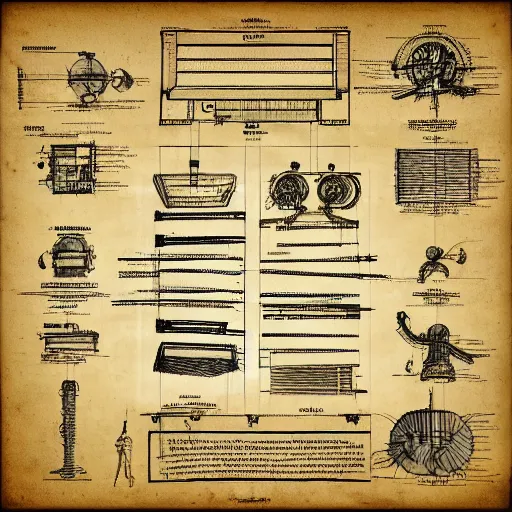 Image similar to schematic for alien technology, aged, faded parchment, sketch, descriptions, highly detailed, 8 k,