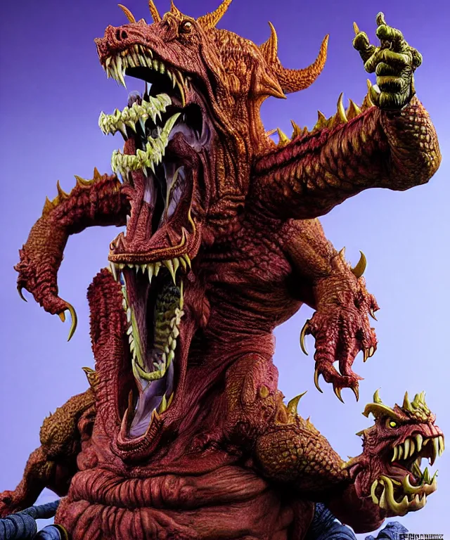 Image similar to a hyperrealistic rendering of an epic boss fight against an ornate king emporer kaiju beast god by art of skinner and richard corben, product photography, collectible action figure, sofubi